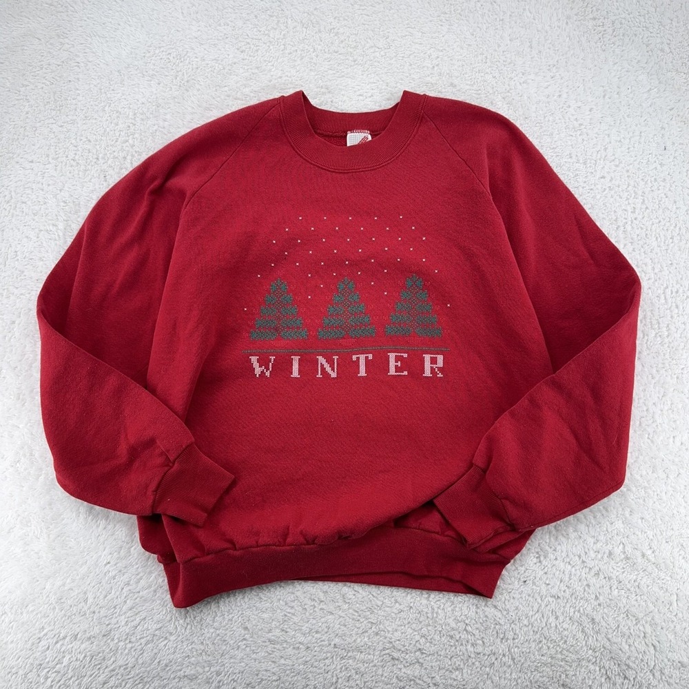 vtg 90s WINTER CROSS‎ STITCH PRINT MEN'S CREWNECK SWEATSHIRT MEDIUM christmas